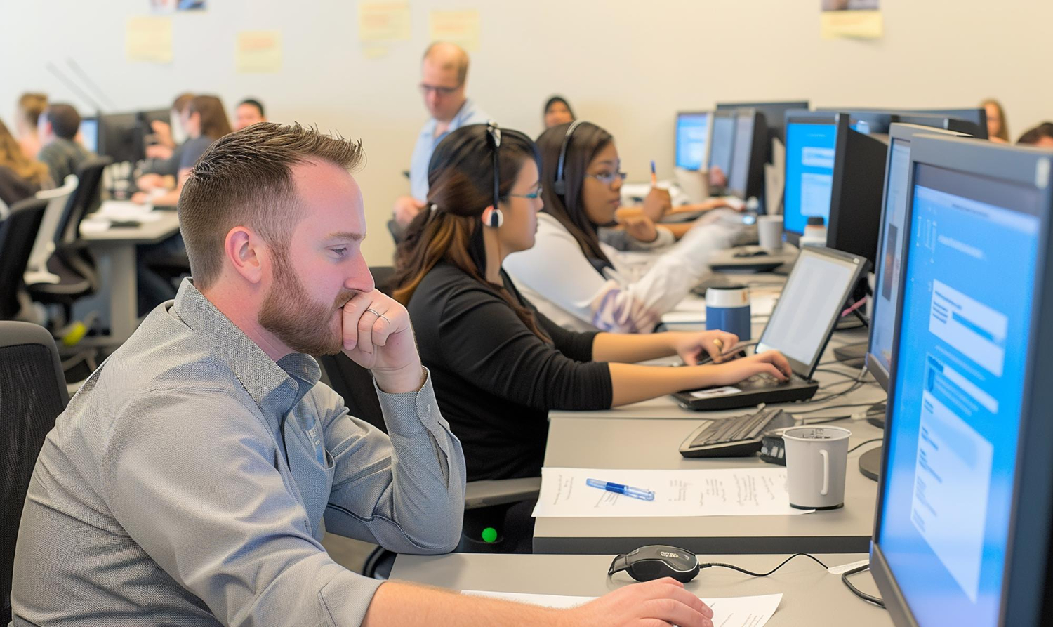 People in an office looking at computers 